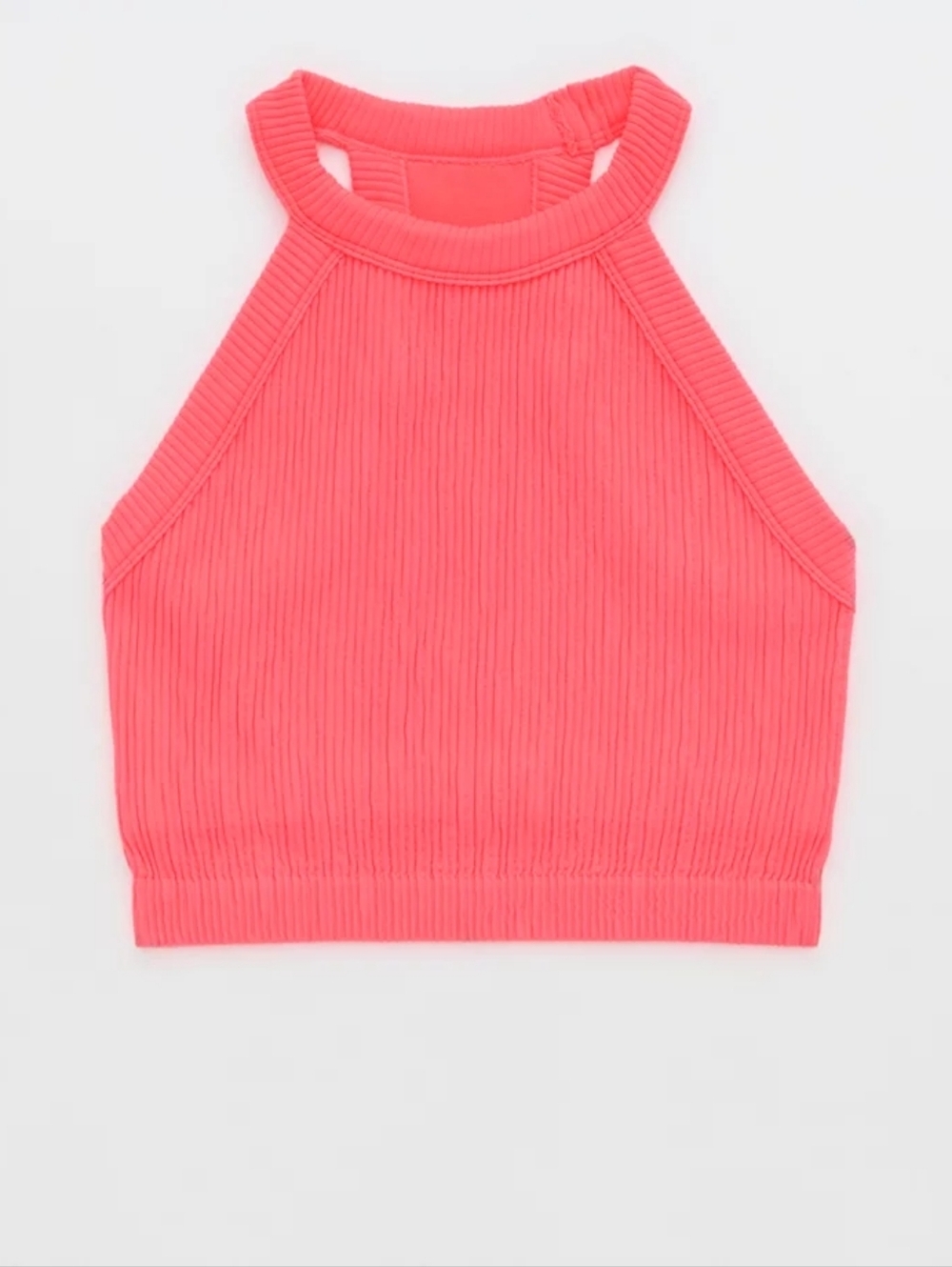 Aerie Superchill Seamless High Neck Bra Top Ribbed Halter Crop Pink Tropadelic S